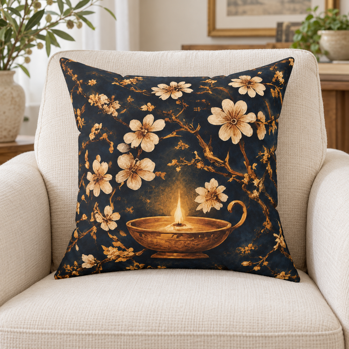 Oil Lamp Floral Throw Pillow
