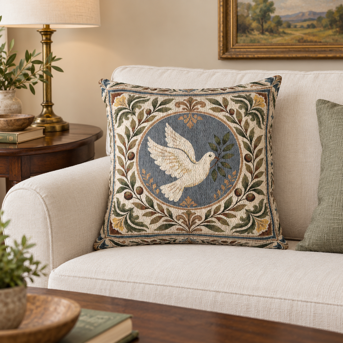 Dove and Olive Branch Woven Throw Pillow