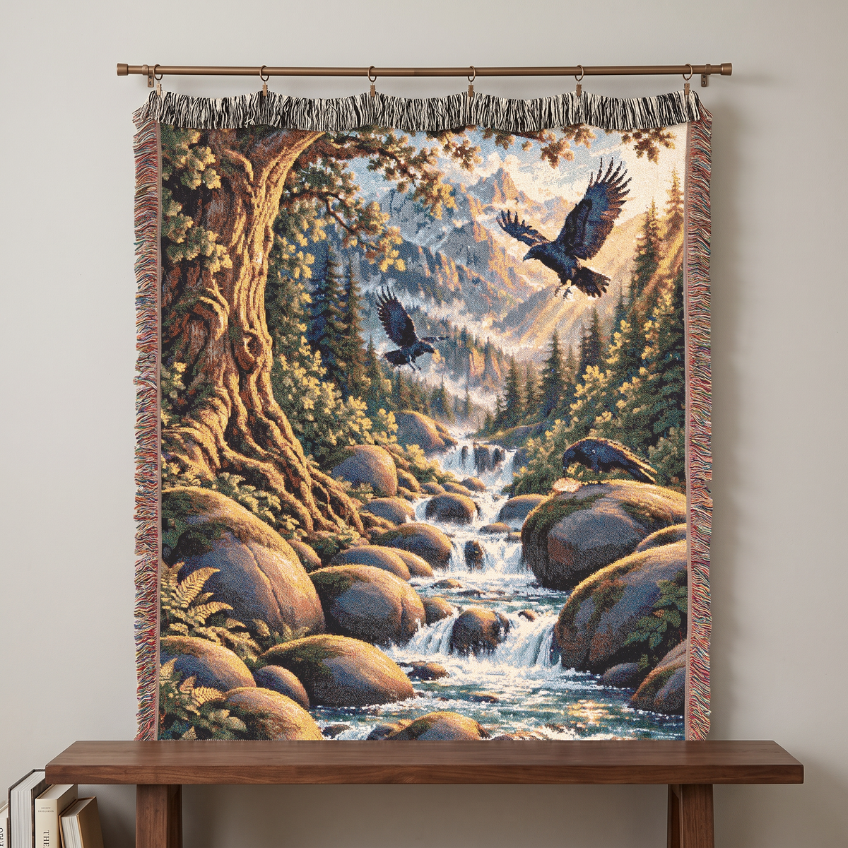 Ravens of Provision portrait woven blanket with ravens, bread, and a mountain stream