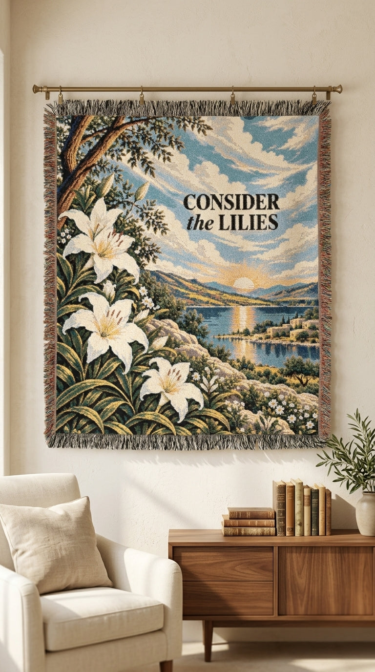 Digital mockup of the Consider the Lilies woven blanket in a sunlit reading room
